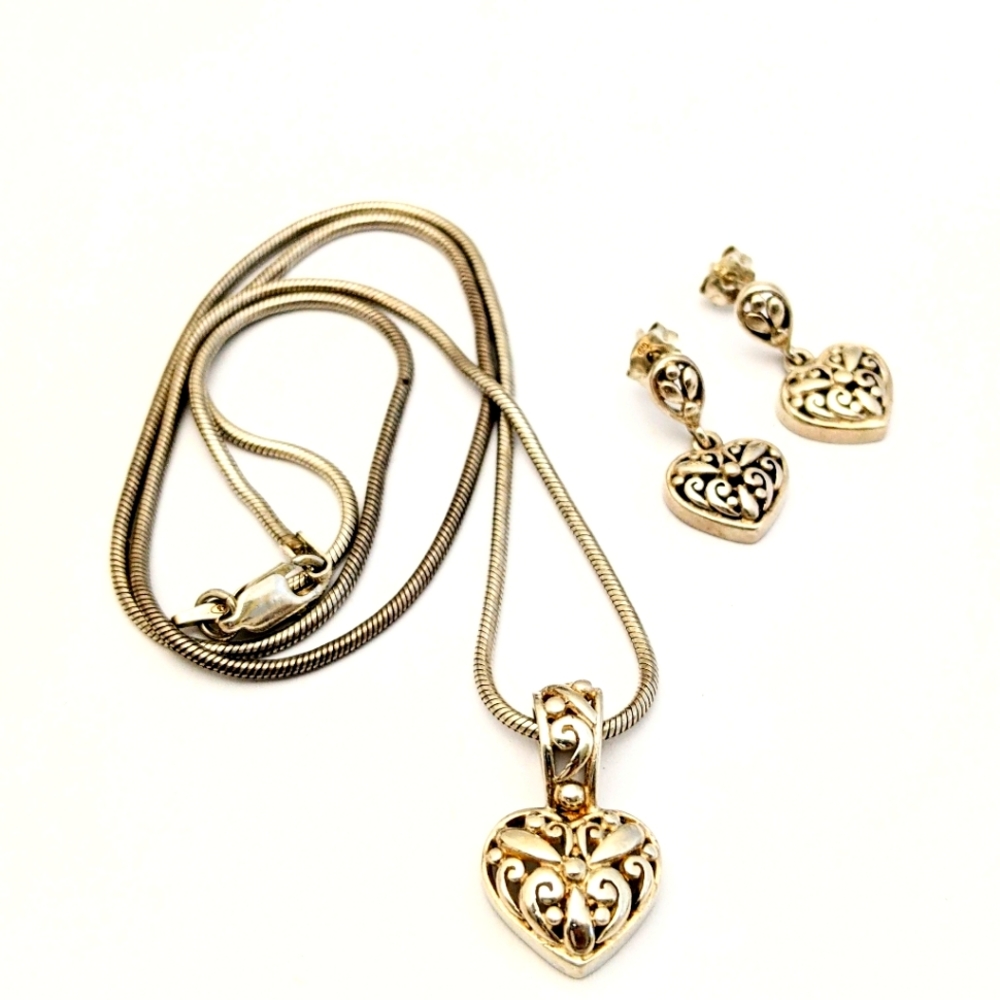 925 Sterling Silver Scroll Work Heart Pendant Necklace And Earrings Set